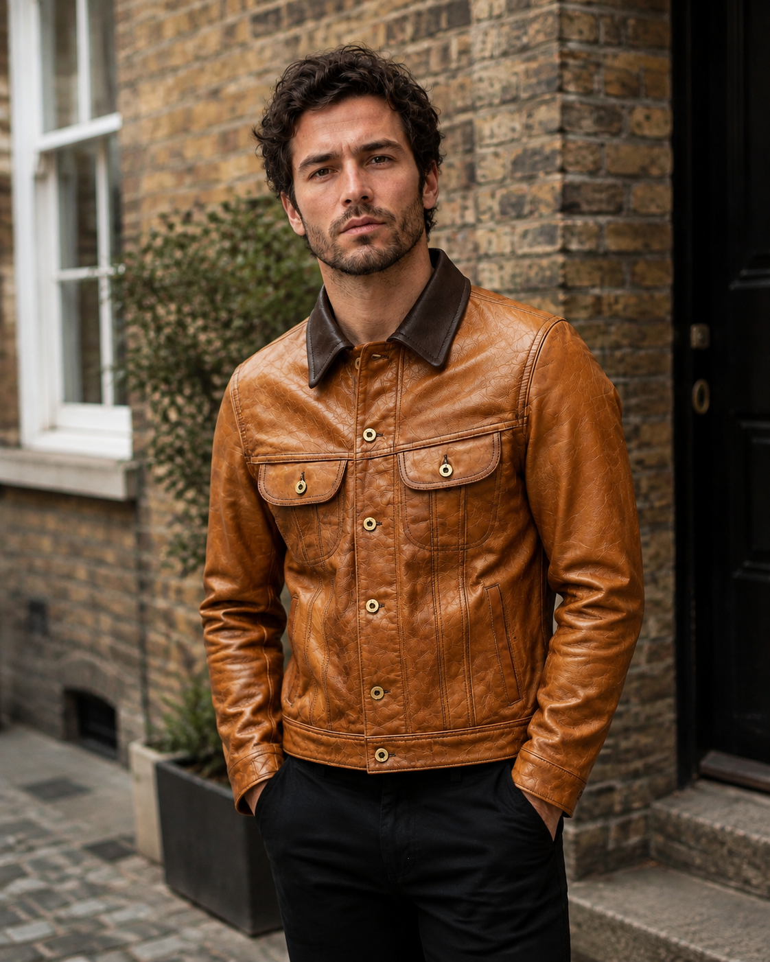 Younger British model wearing the tan goatskin storm rider jacket