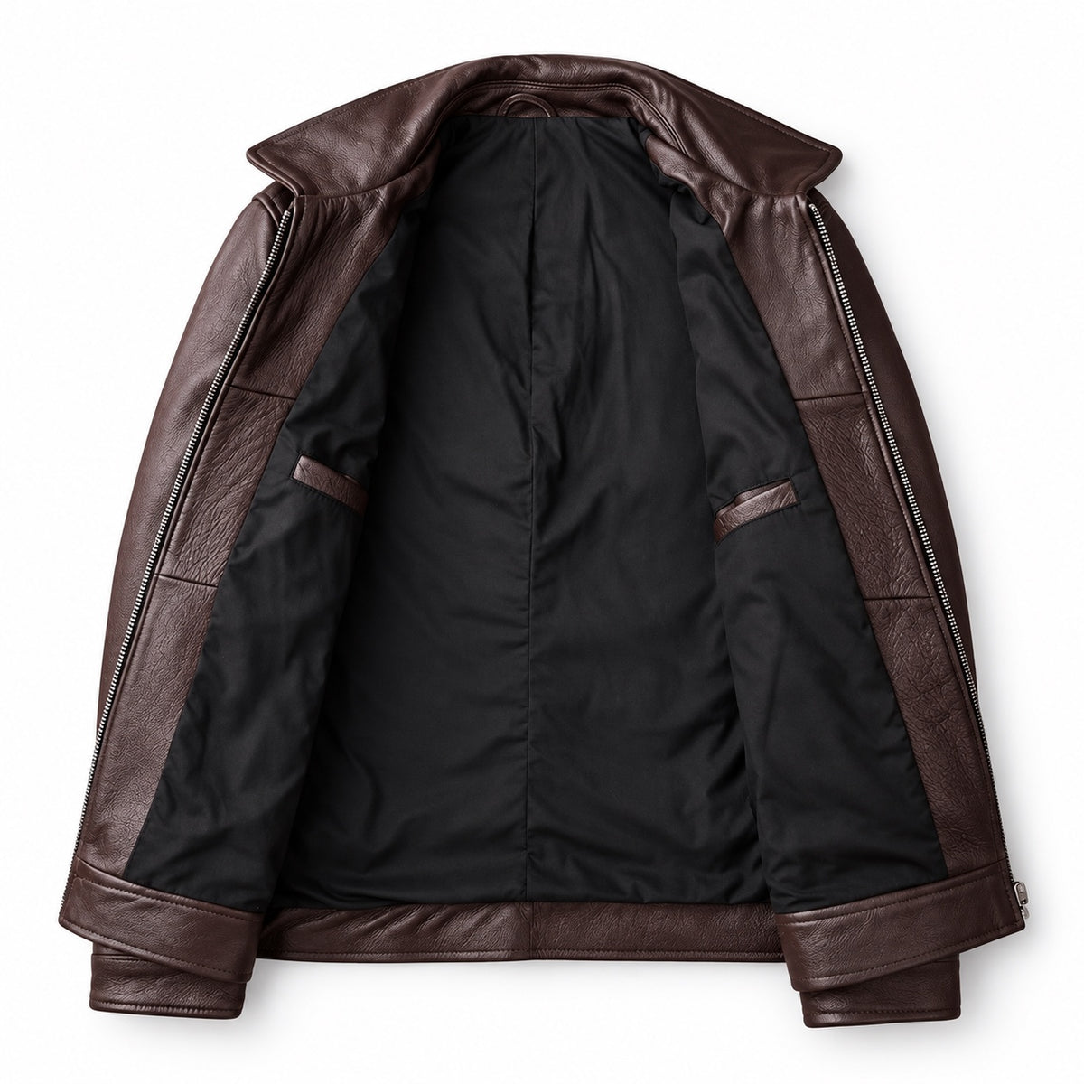 Dark brown classic-collar cowhide jacket — clean unbranded lining