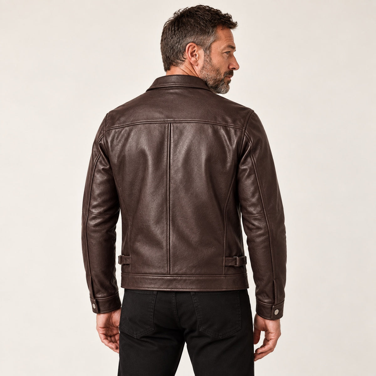 Dark Brown Classic-Collar Cowhide Jacket — British model — back